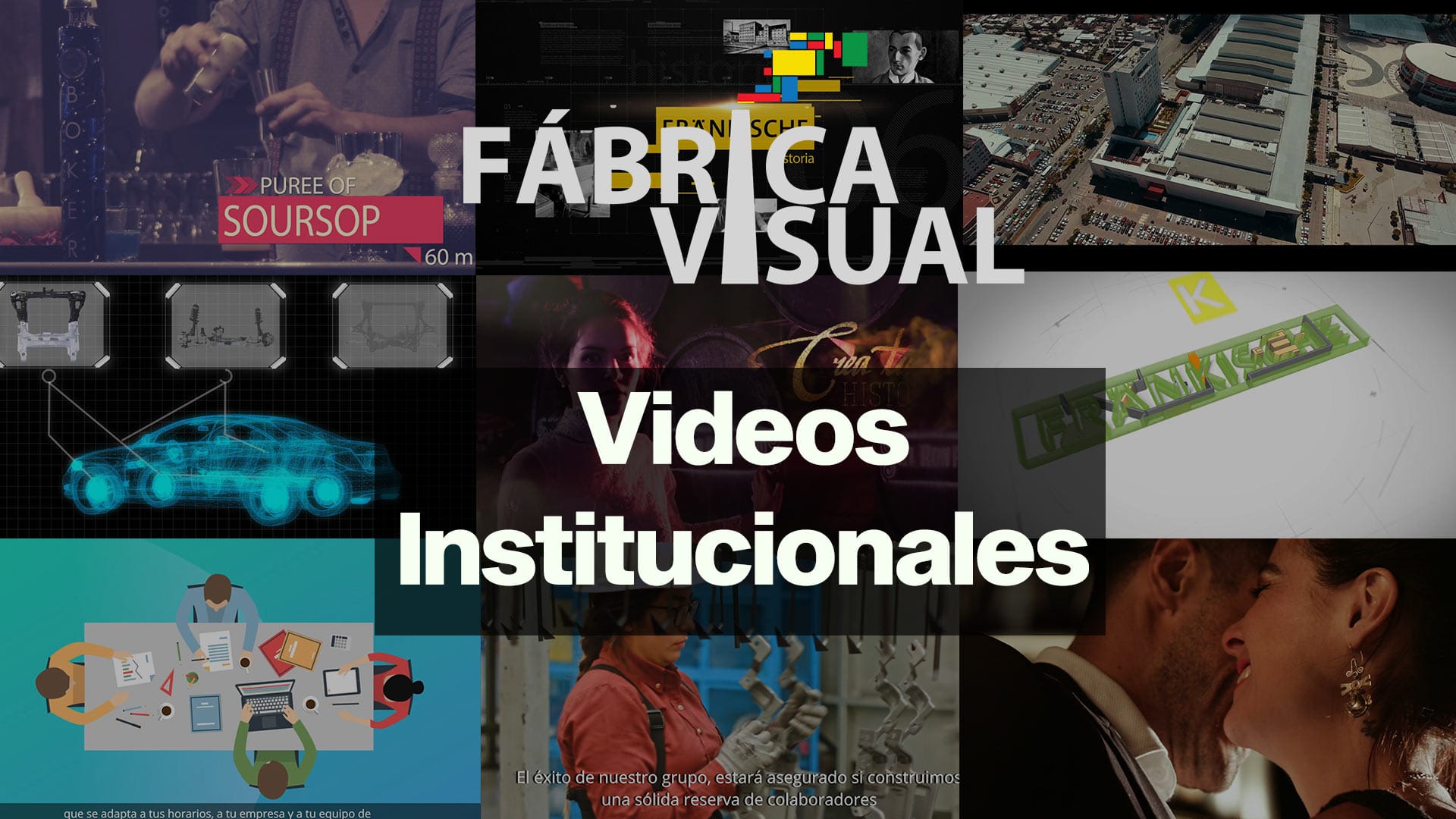 Mosaico de ejemplos de videos institucionales producidos por Fábrica Visual, incluyendo escenas industriales, animaciones 3D, oficinas corporativas y retratos emocionales.