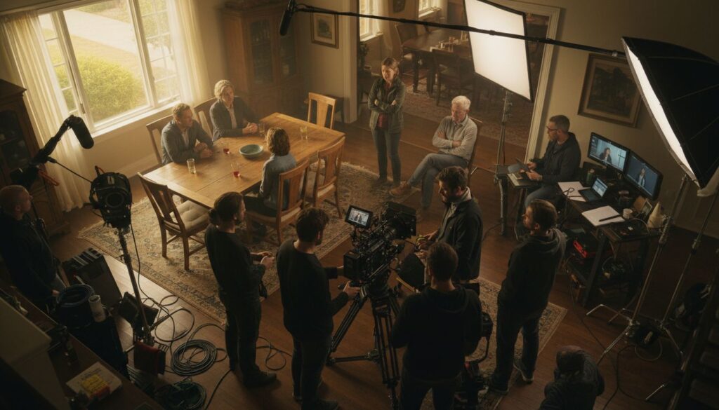 Equipo completo de producción audiovisual en set de rodaje observando escena con actores en comedor de casa