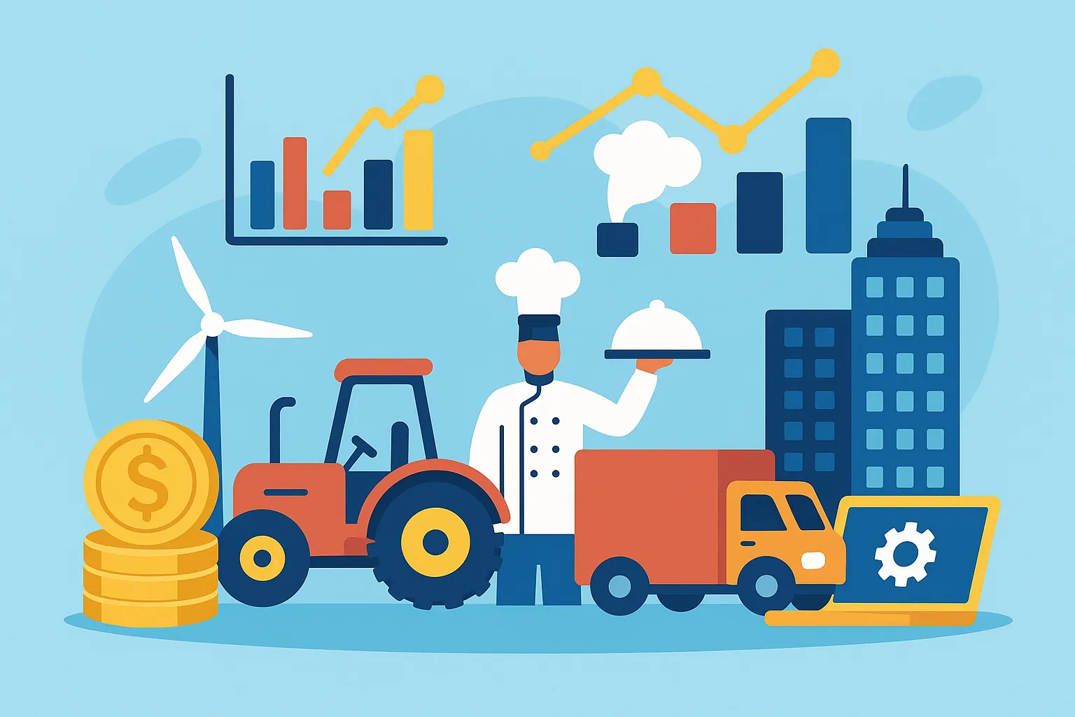 Ilustración digital en estilo flat design que representa diferentes tipos de industrias globales, como manufactura, energía, agricultura y tecnología.