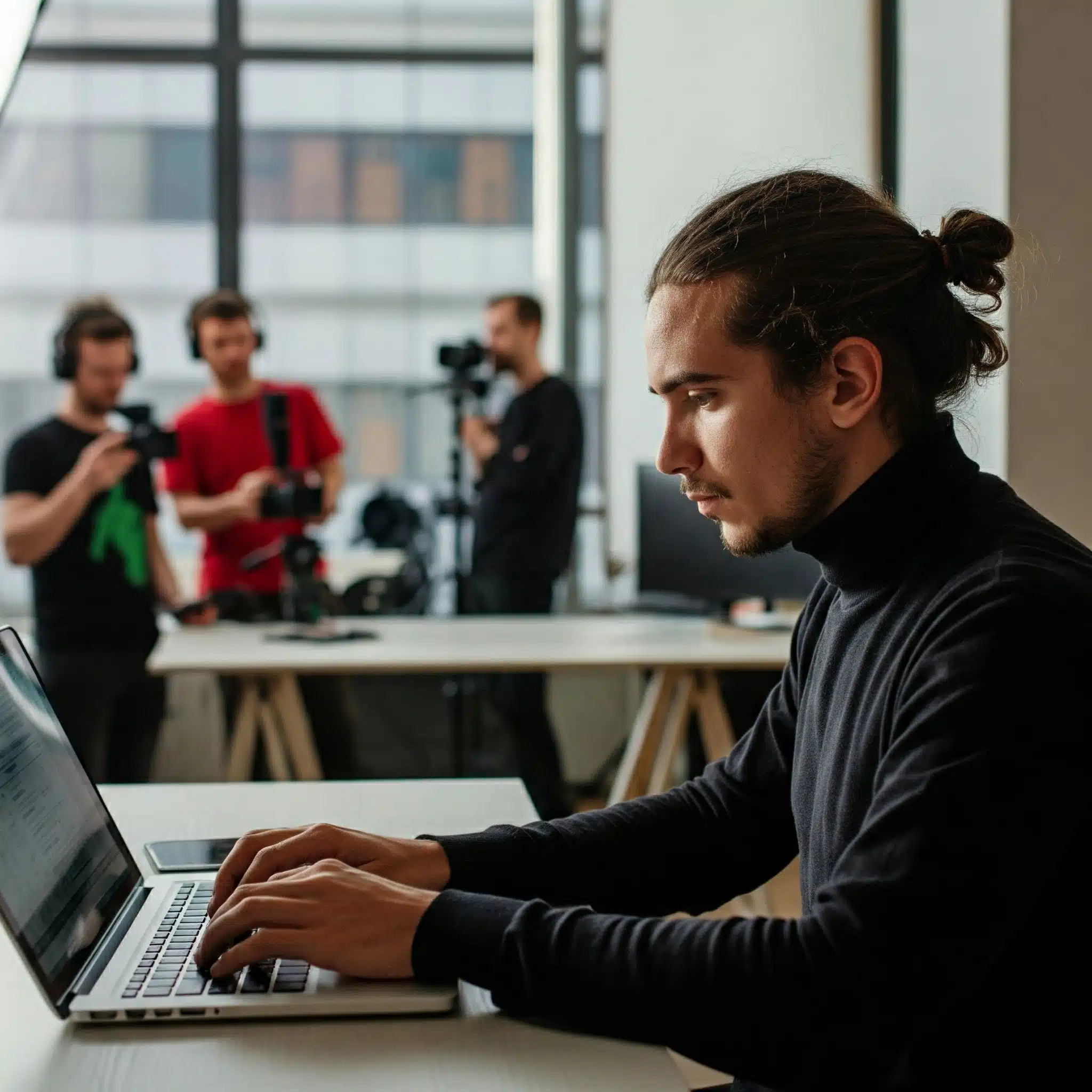 Un joven concentrado en su laptop mientras es grabado por un equipo de filmación en un entorno moderno.