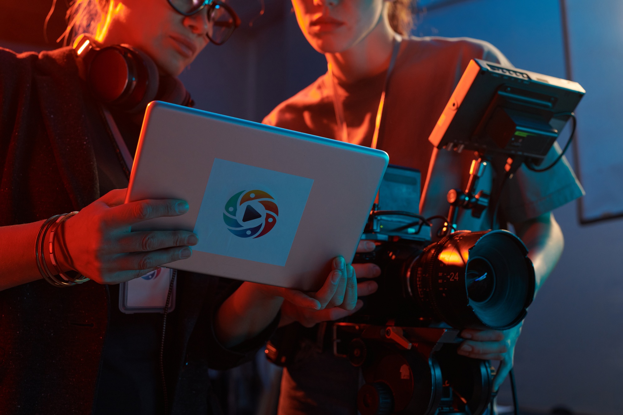 Video Production Crew Discussing Footage