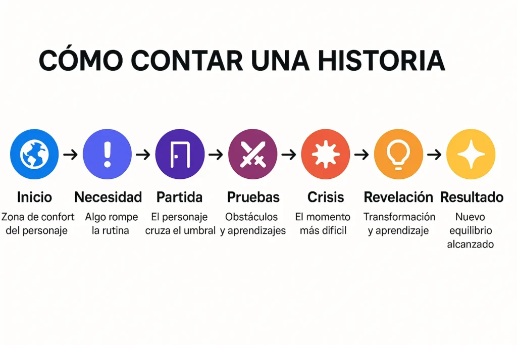 Infografía horizontal titulada “Cómo contar una historia”, que muestra ocho etapas del círculo de Harmon con iconos de colores: inicio, necesidad, partida, pruebas, crisis, revelación y resultado, cada una con una breve descripción bajo su símbolo.
