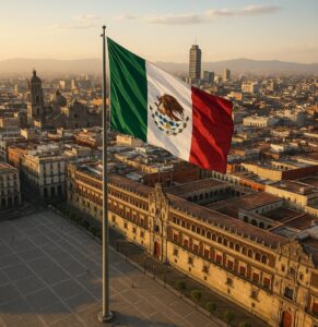 Fotografía aérea del Zócalo en Ciudad de México con la bandera de México ondeando al frente y el Palacio Nacional al fondo durante el atardecer, representando el contexto institucional y económico del país.