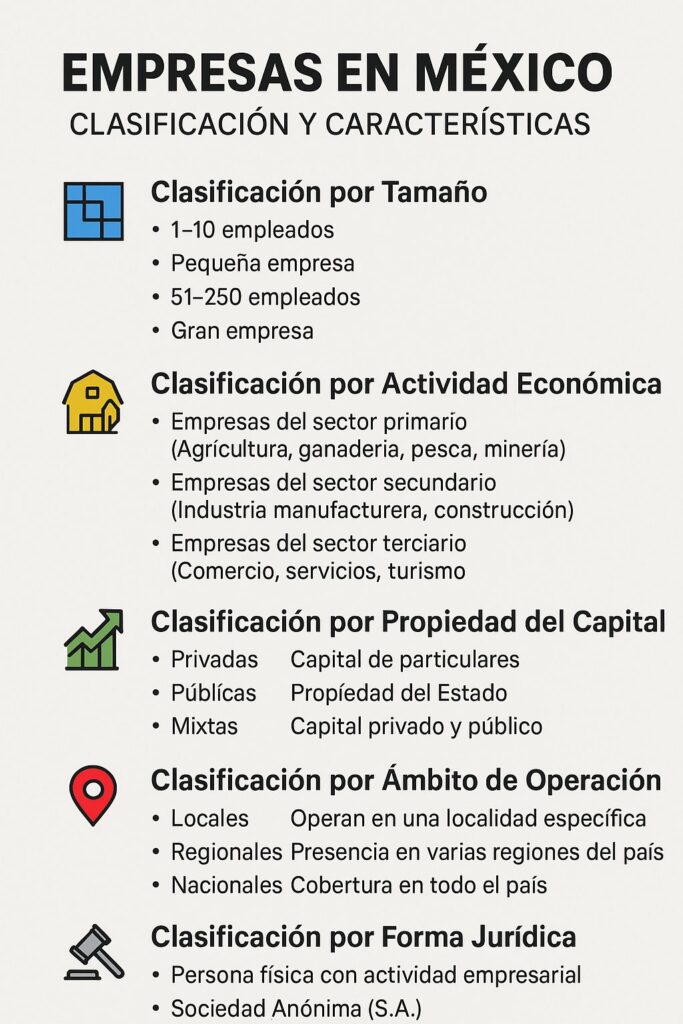 Infografía que explica la clasificación de las empresas en México según tamaño, actividad económica, propiedad del capital, ámbito de operación y forma jurídica. Presenta íconos visuales para cada categoría y resume conceptos clave como microempresas, sectores económicos, empresas públicas o privadas, y sociedades jurídicas.