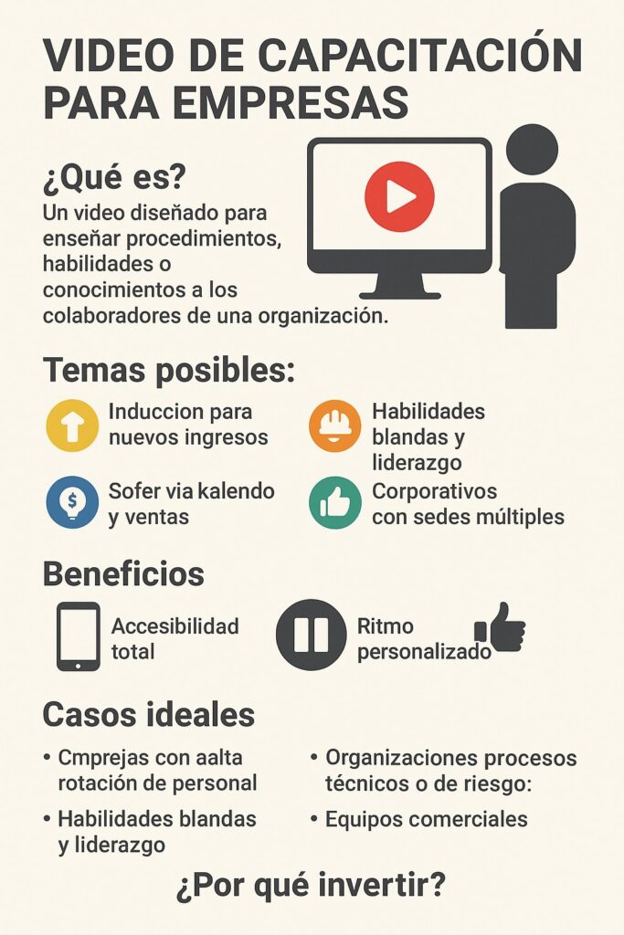 Infografía en español titulada “Video de capacitación empresarial” que resume con íconos y frases breves qué es, sus beneficios clave (como accesibilidad, personalización y efectividad visual), y en qué contextos es ideal implementarlo dentro de una empresa.