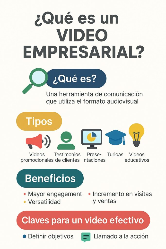 Infografía en español titulada “¿Qué es un video empresarial?”, que explica su definición, los tipos principales como promocionales, testimoniales y educativos, beneficios como mayor engagement y versatilidad, y claves para un video efectivo como definir objetivos y tener un llamado a la acción.