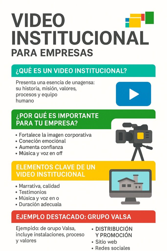 Infografía titulada “Video institucional para empresas”, que explica brevemente qué es un video institucional, por qué es importante para una empresa, cuáles son sus elementos clave, incluye un ejemplo del Grupo Valsa, y menciona formas de distribución como sitio web, redes sociales y presentaciones.