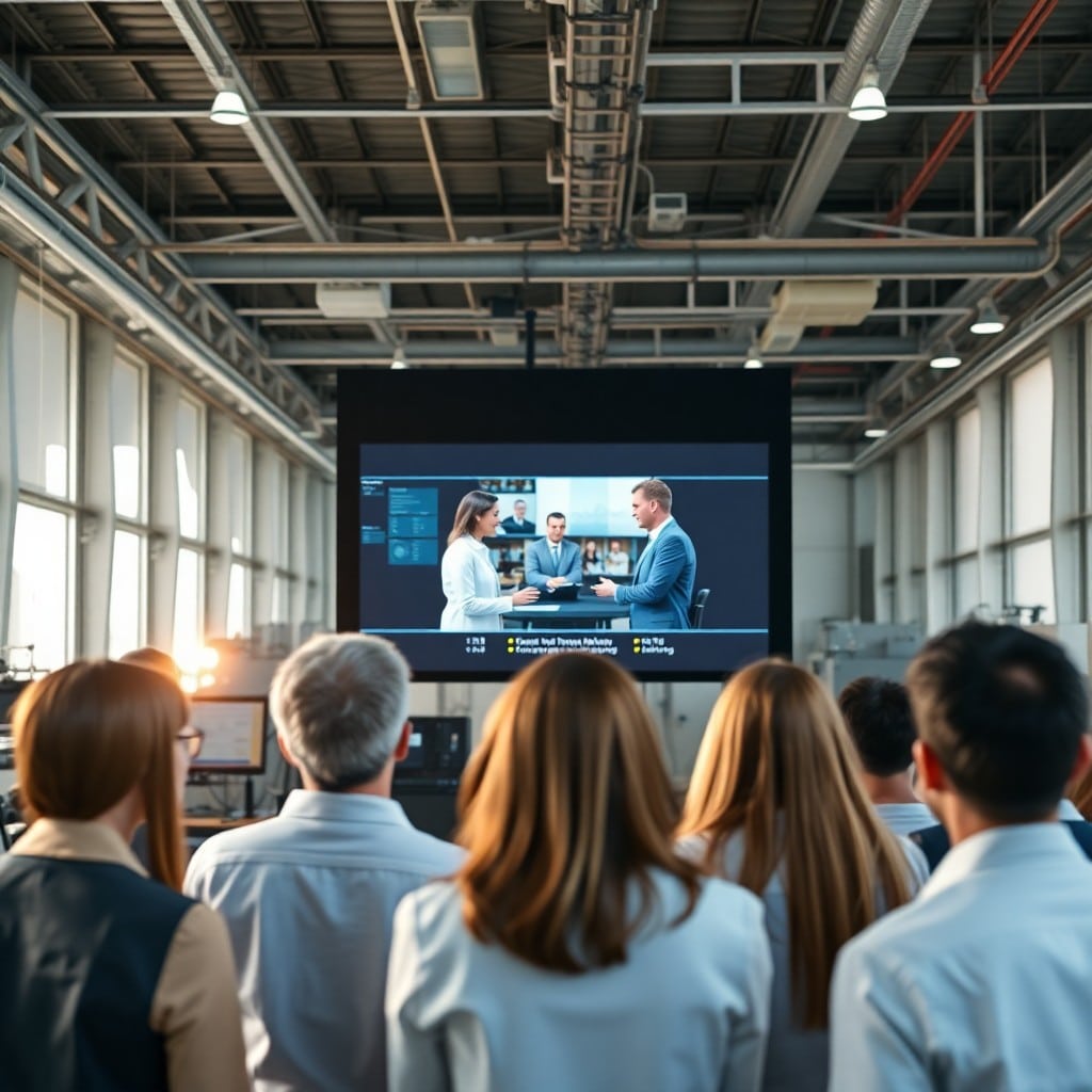 Producción de video corporativo con enfoque en conexión emocional y aprendizaje, mostrando a empleados en un escenario industrial profesional