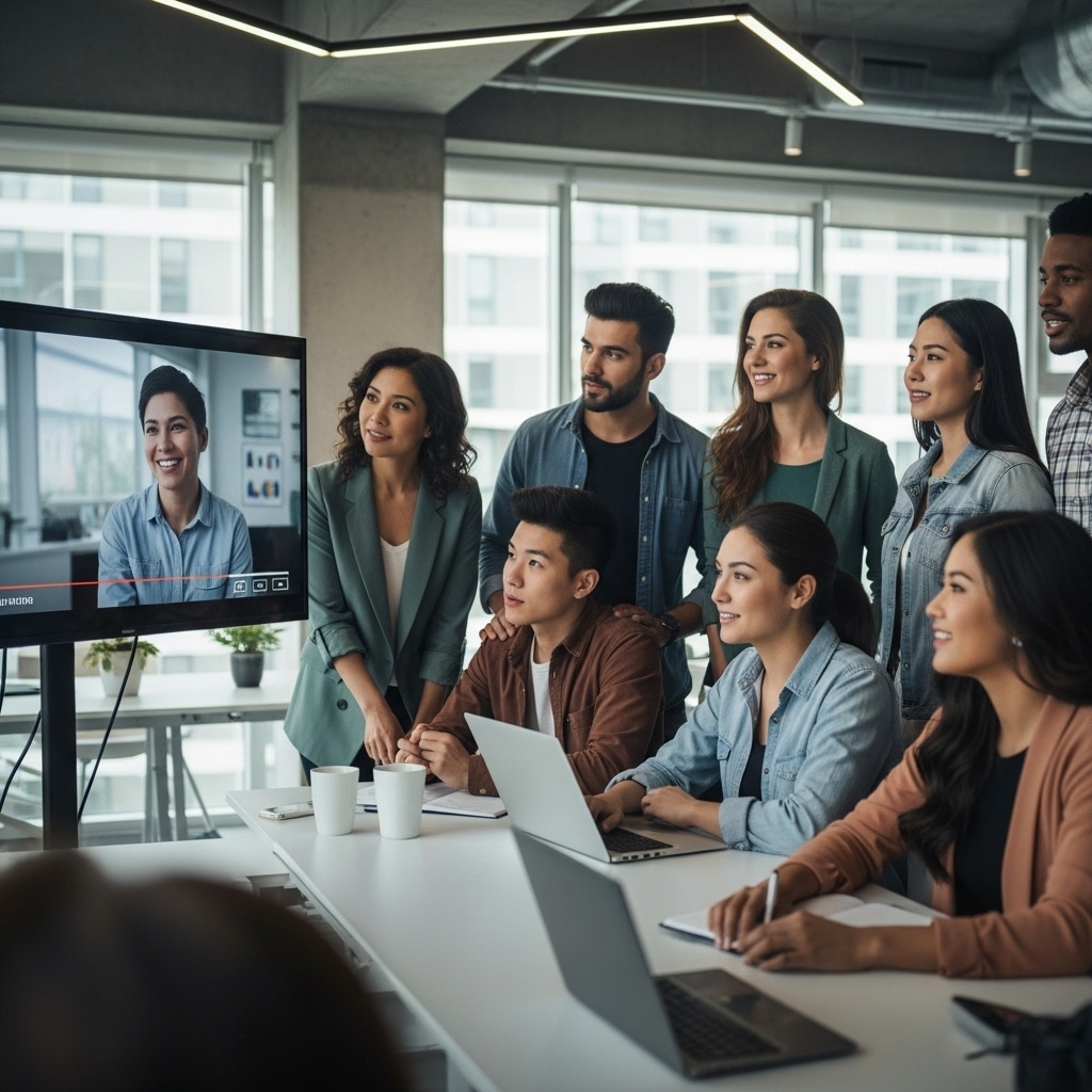 Grupo de empleados observando un video de capacitación en un ambiente corporativo moderno, representando el storytelling emocional en la comunicación empresarial.