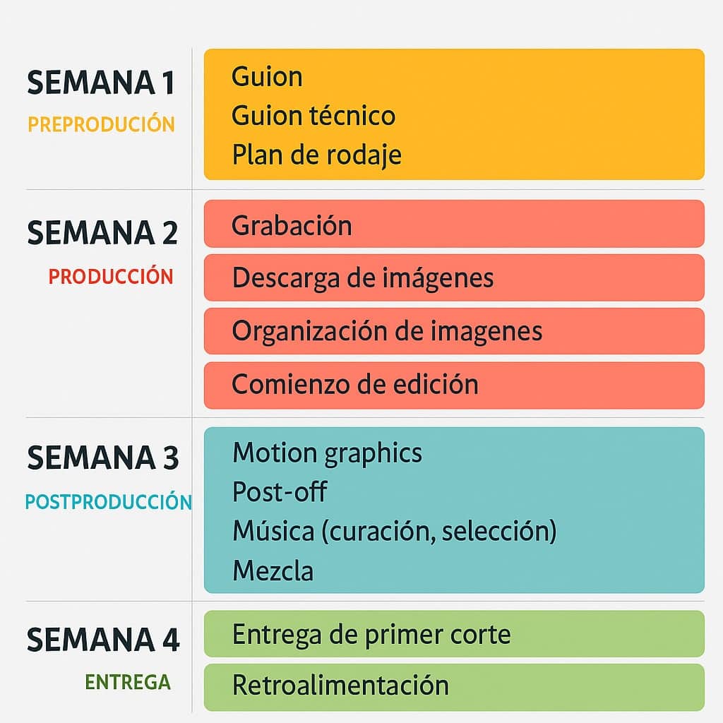 Infografía del cronograma de producción de un video corporativo en cuatro semanas, con actividades detalladas de preproducción, producción, postproducción y entrega final.
