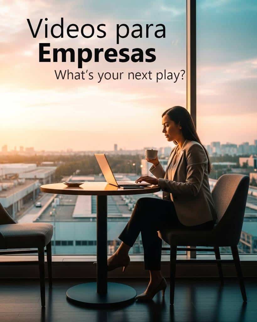 Ejecutiva en oficina moderna con vista panorámica a una planta industrial al atardecer, trabajando en su laptop y tomando café. La imagen representa videos corporativos para empresas, con luz cálida, tonos profesionales y contraste entre interior cálido y exterior industrial azul.