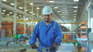 Operador industrial trabajando en área de producción con equipo de seguridad