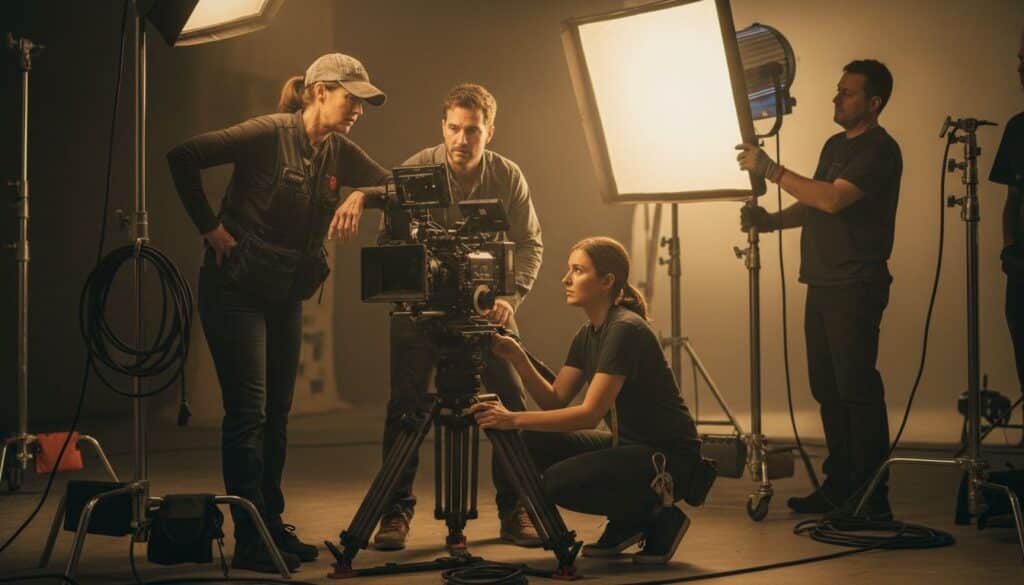 Director de fotografía y equipo técnico ajustando cámara e iluminación en un set de producción audiovisual profesional