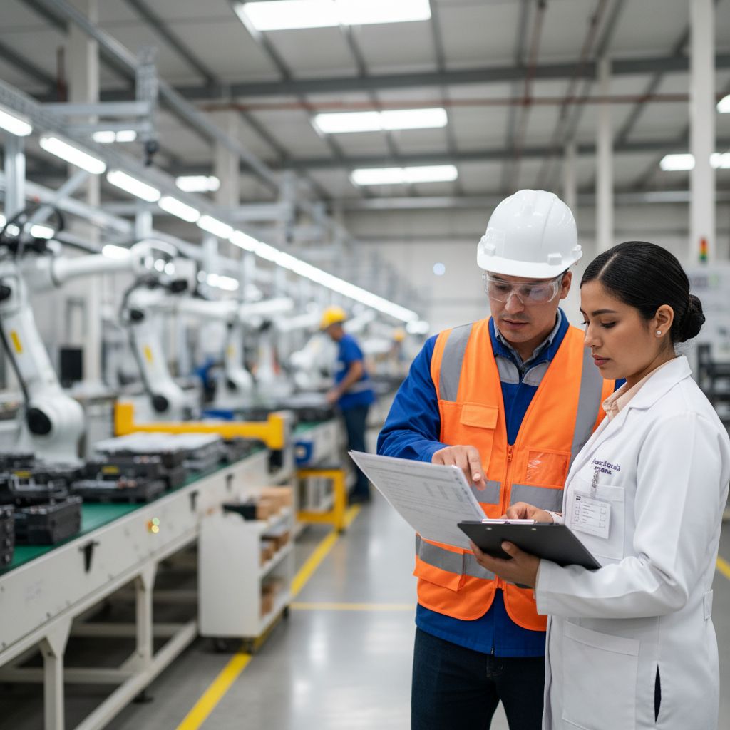 Auditoría de calidad en planta industrial con revisión de documentación ISO 9001, ISO 14001 e ISO 45001 por equipo técnico y responsable de cumplimiento.