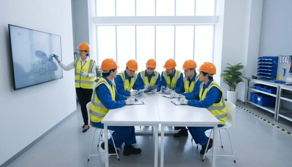 Capacitación laboral en empresa industrial con supervisor explicando procesos a trabajadores con equipo de seguridad en sala de formación