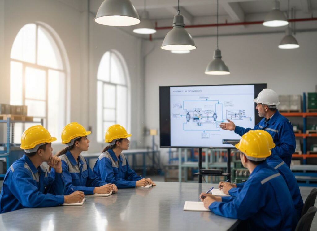 Capacitación del personal en empresa industrial mediante presentación técnica y formación en planta de producción.