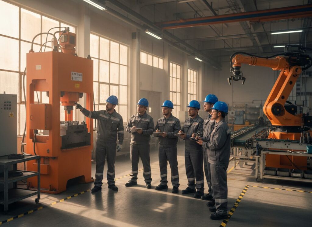 Capacitación técnica en maquinaria industrial con trabajadores recibiendo instrucción sobre equipos de riesgo en planta de manufactura.