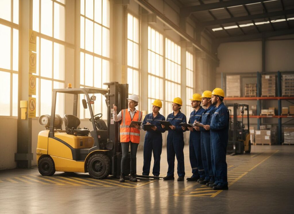 Capacitación para uso de montacargas en almacén industrial con instructora explicando operación segura a trabajadores con casco y equipo de protección.