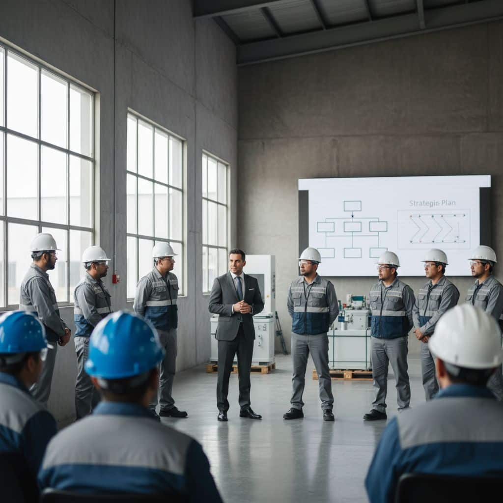 Comunicación corporativa en planta industrial con ejecutivo explicando estrategia a supervisores y personal operativo.