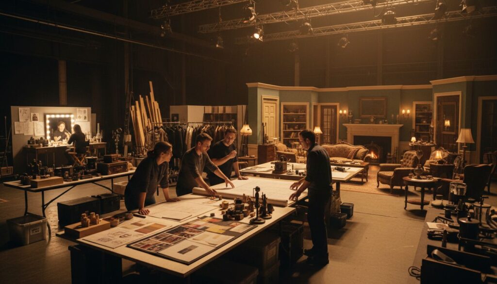 Equipo del departamento de diseño de producción trabajando en escenografía, vestuario y ambientación en set de rodaje