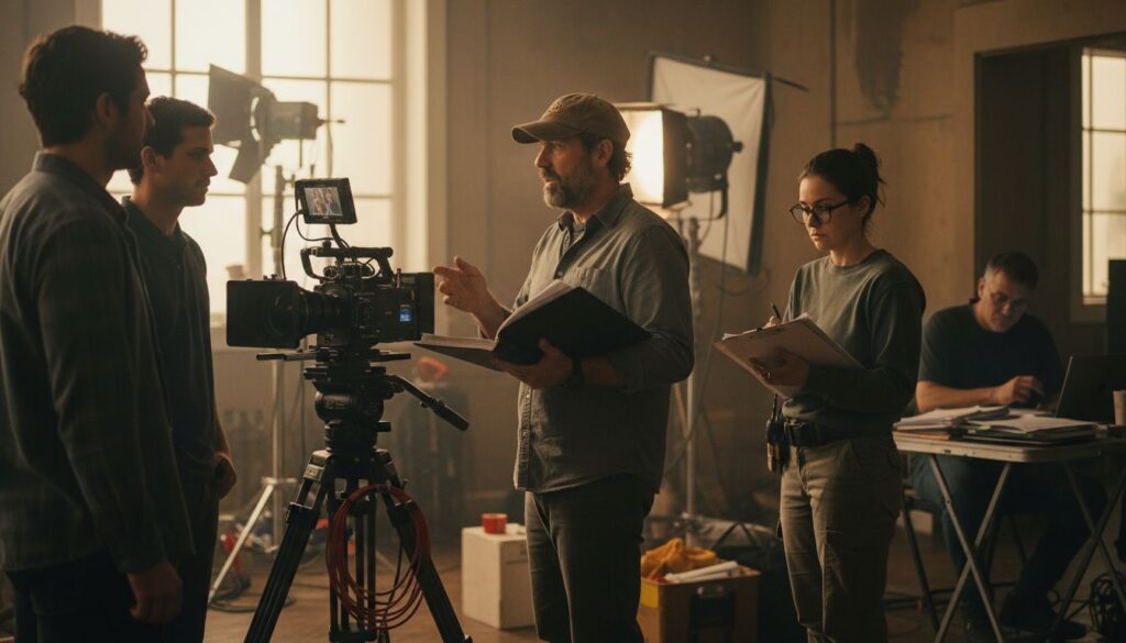 Director dando indicaciones a actores y equipo técnico durante rodaje en set de producción audiovisual profesional