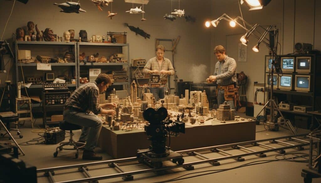 Equipo de técnicos realizando efectos especiales prácticos en estudio de cine en los años 90 con maqueta en miniatura y cámara analógica de 35 mm