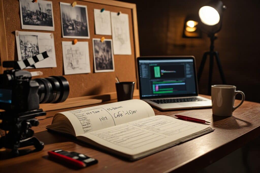 Guion para producción audiovisual sobre escritorio con cámara profesional y laptop editando video.