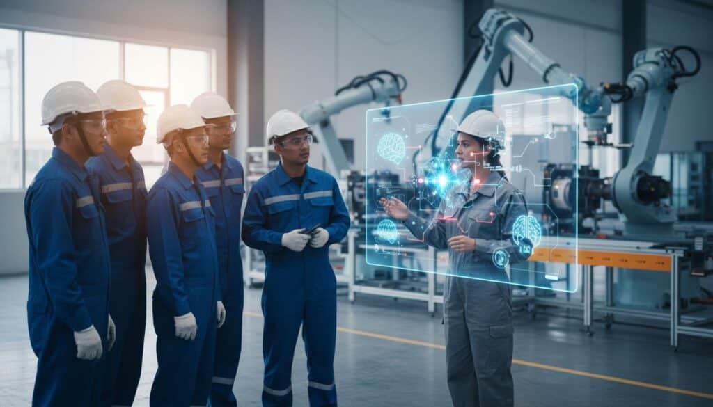 Capacitación industrial basada en neuroeducación dentro de una planta automatizada con instructora explicando neurociencia del aprendizaje a operarios frente a robots industriales.