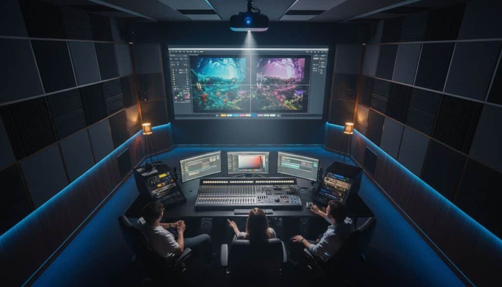 Equipo de postproducción audiovisual trabajando en estudio tipo mini cine con pantalla grande, consola profesional de edición y corrección de color en ambiente acústicamente tratado.