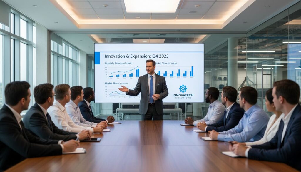 Presentación ejecutiva profesional en empresa industrial con directivo mostrando diapositivas corporativas ante equipo gerencial.