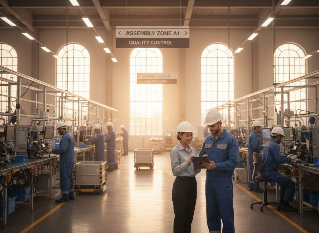 Supervisor y operaria revisando checklist digital en línea de producción industrial con señalización de control de calidad y ambiente cálido y organizado.