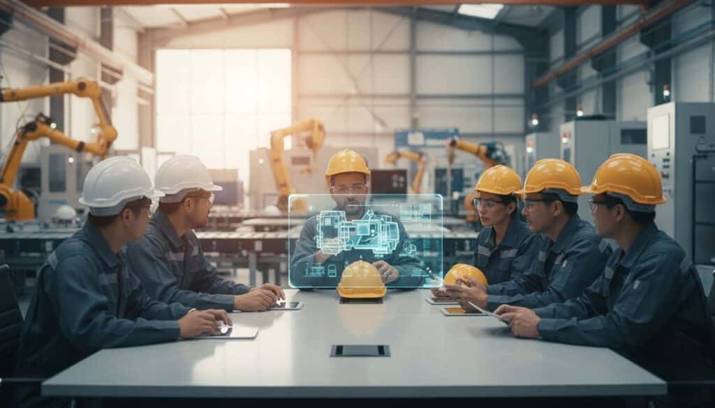 Equipo de ingenieros en planta industrial desarrollando soft skills y hard skills durante sesión de capacitación técnica.