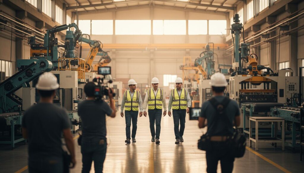 Equipo de producción audiovisual grabando a tres ejecutivos con equipo de protección durante recorrido en planta industrial de manufactura