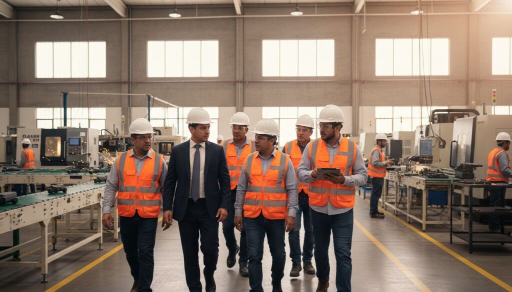 Ejecutivo y supervisores mexicanos recorriendo una planta industrial durante una visita corporativa con equipo de seguridad y línea de producción al fondo