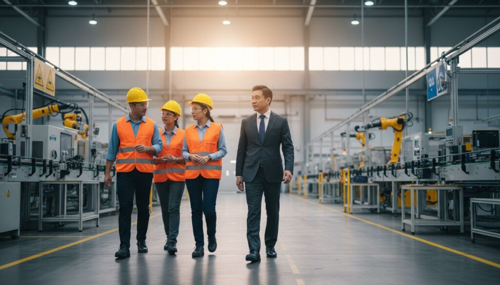 CEO internacional realizando recorrido ejecutivo en planta industrial acompañado por equipo directivo y supervisores de producción