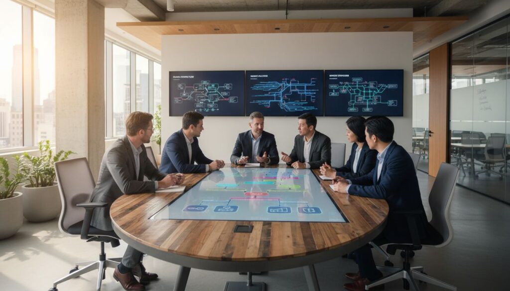 Equipo directivo analizando estrategia de comunicación organizacional interna y externa en empresa moderna.