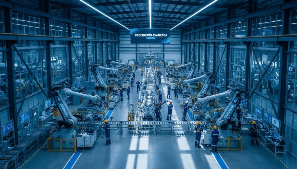 Planta industrial moderna en México con trabajadores profesionales y maquinaria de alta tecnología para marketing digital industrial