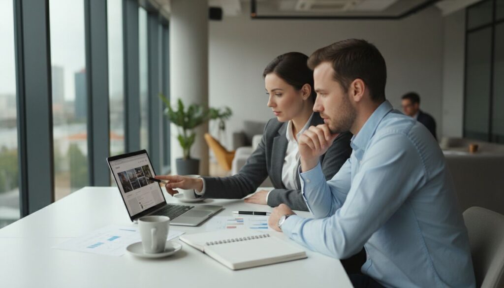 equipo de marketing revisando sitio web para mejorar la imagen corporativa de una empresa