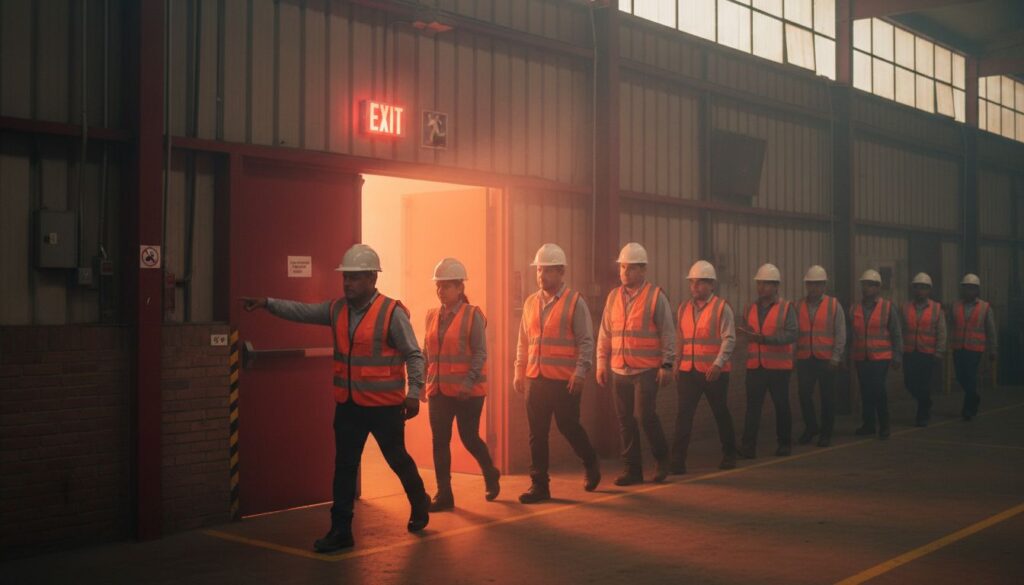 Trabajadores con chaleco naranja y casco blanco evacuando ordenadamente por salida de emergencia durante simulacro de incendio en planta industrial mexicana, señal de exit visible, cumplimiento NOM-002-STPS prevención y protección contra incendios