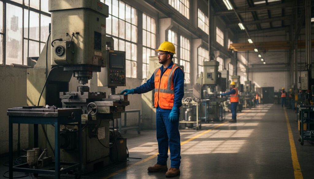 Operario con equipo de protección personal completo — casco amarillo, lentes de seguridad, chaleco naranja, guantes azules y botas de seguridad — operando maquinaria en planta industrial mexicana, cumplimiento NOM-017-STPS