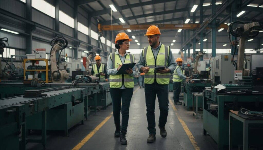 Integrantes de la Comisión de Seguridad e Higiene realizando recorrido de verificación en planta industrial mexicana, con chaleco reflectante y casco naranja, tomando notas en tableta y clipboard, cumplimiento NOM-019-STPS