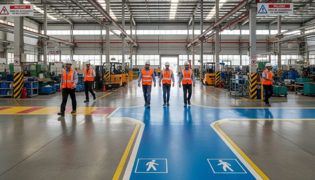Trabajadores con chaleco naranja y casco blanco caminando por pasillo peatonal azul señalizado en planta industrial mexicana, con demarcación de colores según NOM-026-STPS