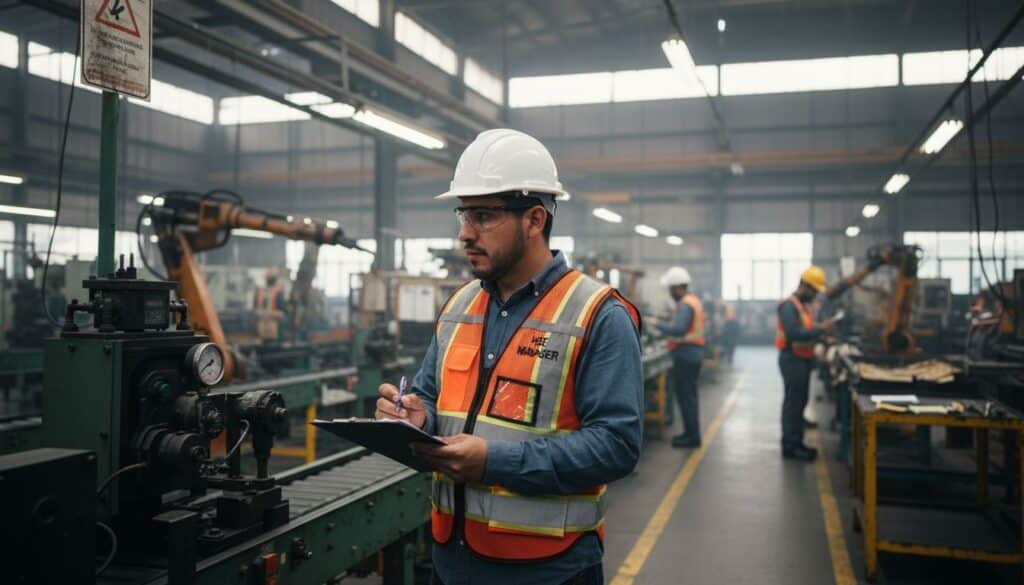Responsable de HSE con casco blanco, lentes de seguridad y chaleco naranja realizando inspección de condiciones de seguridad en planta industrial mexicana, tomando notas en clipboard, cumplimiento NOM-030-STPS servicios preventivos
