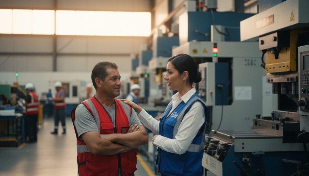 Responsable de RR.HH. con chaleco azul teniendo una conversación de apoyo con trabajador en planta industrial mexicana, contexto de bienestar laboral y NOM-035-STPS