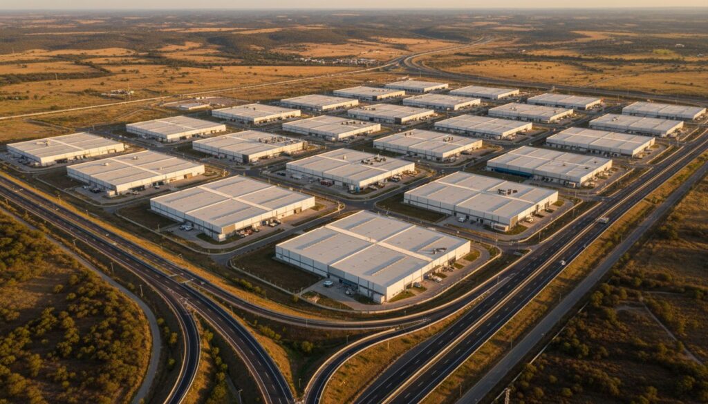 Vista aérea de parque industrial en el Bajío México al atardecer con naves industriales y acceso a autopista