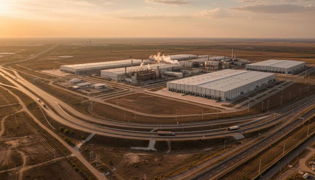 Vista aérea de planta industrial en el norte de México al atardecer con naves de manufactura y vías de acceso