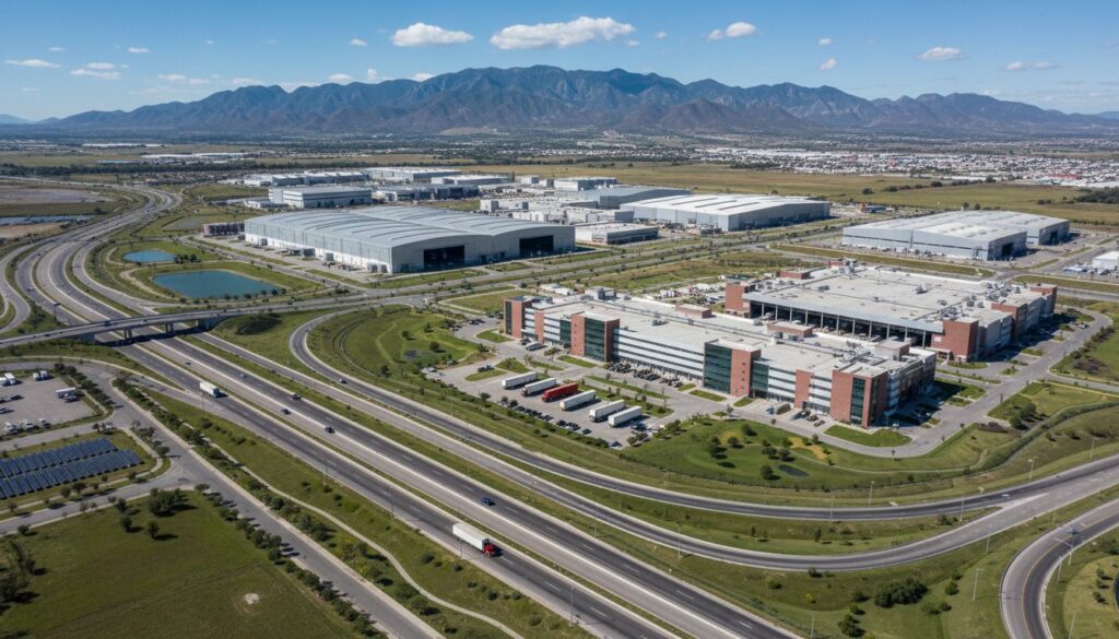 Vista aérea de parque industrial en México con naves manufactureras modernas, autopista, paneles solares y sierra al fondo