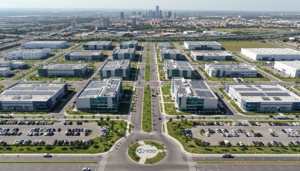 Vista aérea de parque industrial moderno en México con naves y áreas verdes