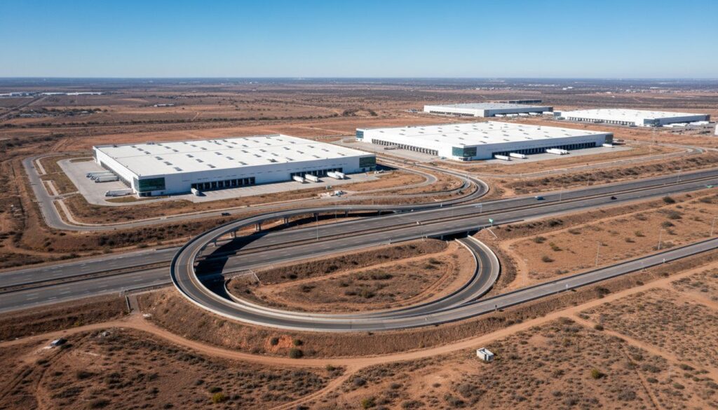 Vista aérea de parque industrial en querétaro con naves logísticas modernas, zona desértica y acceso a autopista