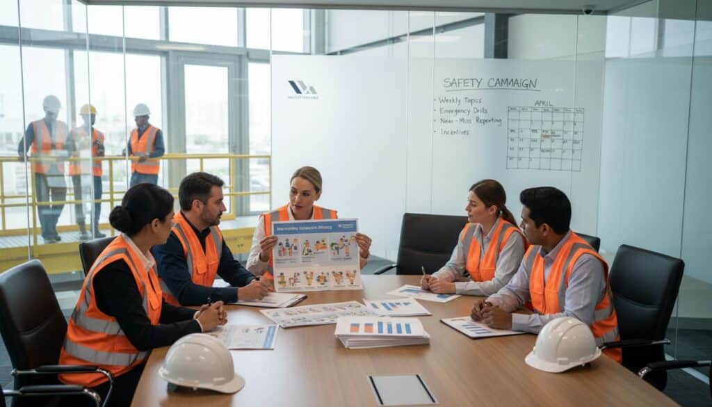 Equipo de seguridad y recursos humanos planificando una campaña interna de seguridad en una empresa industrial